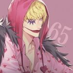  1boy black_cape blonde_hair cape collared_shirt commentary_request donquixote_rocinante feather_coat heart heart_print hood light_smile looking_at_viewer makeup male_focus numbered one_piece pink_shirt purple_background shirt short_hair simple_background solo upper_body yoshicha 