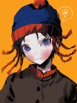  1boy beanie black_hair blue_eyes blue_hat blush brown_jacket closed_mouth hat highres jacket jiz_(pffbq) looking_at_viewer male_focus orange_background pom_pom_(clothes) pom_pom_beanie scribble short_hair simple_background solo south_park speech_bubble stan_marsh upper_body very_short_hair 