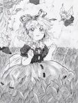  1girl back_bow bow bow_choker choker flower hair_ribbon hands_up lily_of_the_valley medicine_melancholy medinki monochrome official_style open_mouth puffy_short_sleeves puffy_sleeves ribbon shirt short_hair short_sleeves skirt smile touhou tree zun_(style) 