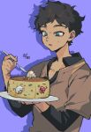  1girl 2boys black_eyes black_hair blonde_hair blue_eyes cake chibi curly_hair dark-skinned_male dark_skin dungeon_meshi elf food fork grey_hair hamita_(rikopin_ika) highres holding holding_cake holding_food holding_fork holding_plate in_food kabru long_sleeves looking_at_another male_focus milsiril_(dungeon_meshi) mini_person miniboy minigirl mithrun mother_and_son multiple_boys nervous nervous_sweating notched_ear open_mouth plate pointy_ears shirt short_hair simple_background sweat sweatdrop walking_mushroom_(dungeon_meshi) wavy_hair 