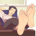  ace_attorney arm_behind_back barefoot black_eyes black_hair brown_pants bubble couch facial_hair feet foot_focus full_body hair_slicked_back highres indoors kune_akiro lying on_couch one_eye_closed open_mouth pants phoenix_wright saliva shirt short_sleeves white_shirt window 