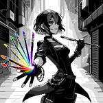  1girl artist_name belt bracelet breasts building chain choker coat cowboy_shot dithering gloves greyscale holding holding_paintbrush jewelry lowres medium_breasts monochrome original outdoors paintbrush parted_lips pixel_art rainbow_order short_hair solo spot_color standing viino_hamu86 