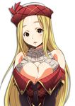  1girl blonde_hair breasts brown_eyes bursting_breasts cleavage cleavage_cutout date_naoto diola_(granblue_fantasy) dress granblue_fantasy huge_breasts long_hair looking_at_viewer sexually_suggestive 