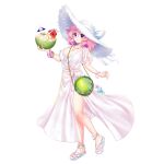  1girl alternate_costume bracelet breasts bug butterfly cleavage closed_mouth coconut_cup dress full_body hat highres jewelry large_breasts looking_at_viewer pink_eyes pink_hair rotte_(1109) saigyouji_yuyuko saigyouji_yuyuko_(seamless_swimsuit_ghost) short_hair simple_background smile solo third-party_source touhou touhou_lostword white_background white_dress white_footwear white_hat 