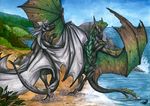  claws day detailed_background dragon duo feral green_eyes horn membranous_wings natoli nude outside sand sky smile spines standing traditional_media_(artwork) water wings 