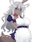  1girl angry antlers apron bow breasts bright_pupils commentary dark-skinned_female dark_skin deer_girl english_commentary grey_hair hair_between_eyes highres horns large_breasts long_hair looking_at_viewer maid_apron messy_hair original purple_eyes red_bow scar scar_on_arm sifserf simple_background single_antler solo sweatdrop taur wavy_mouth white_background white_pupils 