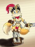  anthro armor barely_sly blue_eyes blush bottomwear breasts canid canine clothing crossgender female fox gauntlets gloves greaves handwear hi_res loincloth mammal melee_weapon miles_prower sega solo sonic_and_the_black_knight sonic_storybook_series sonic_the_hedgehog_(series) sword unconvincing_armor weapon 