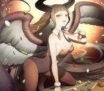  1girl black_leotard breasts cleavage demon_horns detached_collar feathered_wings granblue_fantasy highleg highleg_leotard horns leotard long_hair looking_at_viewer magus_(granblue_fantasy) playboy_bunny poker_table short_bangs solo strapless strapless_leotard table umeda_shiso untied_ribbon wings wrist_cuffs 