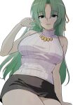  1girl arm_at_side bare_arms bare_shoulders black_skirt breasts commentary cowboy_shot eyes_visible_through_hair green_eyes green_hair hair_ribbon hand_up hashtag-only_commentary highres higurashi_no_naku_koro_ni large_breasts long_hair looking_at_viewer miniskirt parted_bangs parted_lips pencil_skirt ribbed_sweater ribbon simple_background sitting skirt smile solo sonozaki_shion straight_hair sweater tsurime turtleneck turtleneck_sweater very_long_hair white_background white_sweater yellow_ribbon yuno_ff 