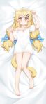  1girl absurdres animal_ears bare_legs barefoot blonde_hair cat_ears cat_girl cat_tail dakimakura_(medium) full_body highres long_hair looking_at_viewer low_twintails lying no_pants off-shoulder_shirt off_shoulder on_back orange_eyes original shirt smile tail twintails white_shirt xiao_baixiong_tat 