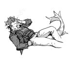  2023 anthro arknights bottomwear carp cigarette clothed clothing cyprinid cypriniform dragon fish grey_body hair hi_res holding_cigarette holding_object horn hypergryph lee_(arknights) looking_at_viewer male marine mm23716 monochrome mythological_creature mythological_scalie mythology pants scalie smoking smoking_cigarette solo studio_montagne tail white_body 