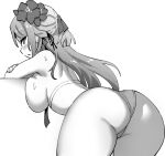 1girl alsace_(azur_lane) alsace_(heat_beating_summer_sacrament)_(azur_lane) ass azur_lane azur_lane:_slow_ahead bikini blush breasts flower from_behind greyscale hair_flower hair_ornament hori_(hori_no_su) huge_breasts long_hair looking_at_viewer monochrome official_alternate_costume official_art parted_lips sideboob solo swimsuit very_long_hair 