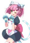  1girl :3 animal_ear_fluff animal_ears animal_hands apron back_bow blush bow cat_ears cat_tail fang gloves green_eyes highres looking_at_viewer maid maid_headdress nekonomiya_mikoto one_eye_closed open_mouth paw_gloves pink_hair short_sleeves skin_fang smile solo tail twintails umi_monogatari urin_(umi_monogatari) 