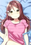  bangs bed_sheet blurry blush breasts brown_hair casual cellphone closed_mouth collarbone depth_of_field hair_between_eyes hair_ornament hairclip highres holding holding_cellphone holding_phone lifted_by_another long_hair looking_at_viewer love_live! love_live!_sunshine!! lying medium_breasts on_back on_bed out_of_frame phone pink_shirt pov pov_hands sakurauchi_riko shirt short_sleeves sky_(freedom) solo_focus t-shirt taking_picture upper_body v-neck wavy_mouth yellow_eyes 