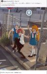  3girls :d arm_up arms_up ayanami_rei black_necktie blue_eyes blue_hair blue_hairband blue_skirt breasts brown_footwear brown_hair brown_pantyhose chain-link_fence closed_mouth commentary_request double_v fence glasses hairband high_school_girls_posing_for_google_street_view_(meme) highres kaminchu kneehighs loafers long_hair looking_at_viewer makinami_mari_illustrious meme multiple_girls neck_ribbon necktie neon_genesis_evangelion orange_hair outdoors pantyhose photo_background rebuild_of_evangelion red_eyes red_ribbon ribbon school_uniform shirt shoes short_hair short_sleeves skirt smile socks souryuu_asuka_langley tokyo-3_middle_school_uniform translated v white_footwear white_shirt white_socks 