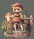  1girl aki_minoriko apple apron arinu barefoot barrel basket blonde_hair blush breasts closed_mouth fence flower food frilled_sleeves frills fruit fruit_hat_ornament full_body grape_hat_ornament grapes grass hair_between_eyes hat hat_ornament highres hoe large_breasts long_sleeves looking_at_viewer mob_cap orange_(fruit) plant red_apron red_eyes red_hat rock shirt short_hair smile solo standing touhou wide_sleeves wooden_box wooden_fence yellow_flower yellow_shirt 