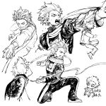  1boy :o bags_under_eyes boku_no_hero_academia chibi clenched_teeth engawaji fighting_stance greyscale highres long_sleeves male_focus monochrome multiple_views on_one_knee outstretched_hand scarf shinsou_hitoshi simple_background spiked_hair teeth u.a._gym_uniform upper_body white_background 