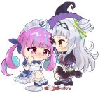  2girls absurdres accident ahoge anchor_symbol arched_bangs black_capelet black_skirt blue_dress blue_hair blue_ribbon blush capelet chibi chibi_only colored_inner_hair dress drill_hair grey_hair grey_thighhighs hair_bun hair_ribbon hairband hand_on_another&#039;s_head hat headpat highres hololive long_hair long_sleeves maid maid_headdress minato_aqua minato_aqua_(1st_costume) miniskirt multicolored_hair multiple_girls murasaki_shion murasaki_shion_(1st_costume) nishi_azuma purple_eyes purple_hair ribbon short_dress side_up_bun simple_background single_side_bun skirt squatting streaked_hair striped_clothes striped_thighhighs tearing_up thighhighs tilted_headwear twin_drills twintails two-tone_hair vertical-striped_clothes vertical-striped_thighhighs virtual_youtuber white_background witch_hat yellow_eyes 