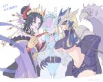  3girls bare_shoulders beelstarmon_x black_coat black_hair black_pants black_shirt black_wings blonde_hair blue_helmet blue_leotard blush breasts cendrillmon cleavage coat collarbone colored_skin covered_eyes crop_top digimon digimon_(creature) digimon_card_game dress eye_mask facial_mark fang frilled_dress frills helmet helmet_over_eyes highleg highleg_leotard highres large_breasts leotard lilithmon_x-antibody long_hair multiple_girls nagoshi navel nervous off-shoulder_dress off_shoulder pale_skin pants print_headwear print_helmet purple_dress purple_skin red_eyes shirt simple_background smile third_eye torn_clothes torn_pants underboob white_background white_skin wings yellow_eyes 