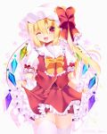 1girl blonde_hair bow bowtie breasts chisiro_unya_(unya_draw) collared_shirt cowboy_shot crystal fang flandre_scarlet frilled_bow frilled_bowtie frilled_shirt_collar frilled_skirt frilled_sleeves frills hair_between_eyes happy hat hat_bow head_tilt heart large_bow long_hair looking_at_viewer multicolored_wings one_side_up open_mouth puffy_short_sleeves puffy_sleeves red_bow red_eyes red_skirt red_vest shirt short_sleeves simple_background skirt skirt_hold skirt_set sleeve_bow sleeve_ribbon small_breasts solo thighhighs touhou vest white_background white_hat white_shirt white_thighhighs wings yellow_bow yellow_bowtie zettai_ryouiki 