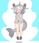  1girl arms_up blue_background blue_hair cetacean_tail common_bottlenose_dolphin_(kemono_friends) coroha dolphin_girl fingerless_gloves fins fish_tail full_body gloves grey_hair head_fins jacket japari_symbol jumping kemono_friends looking_at_viewer multicolored_hair shoes short_hair simple_background solo swimsuit tail two-tone_hair 