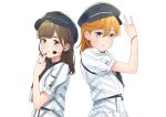  2girls \m/ back-to-back black_hat black_nails brown_eyes brown_hair commentary_request date_sayuri dress earrings hair_between_eyes hand_up hat headset highres jewelry looking_at_viewer love_live! love_live!_superstar!! medium_hair multiple_girls orange_hair parted_lips puffy_short_sleeves puffy_sleeves purple_eyes ring second_sparkle shibuya_kanon short_sleeves standing swept_bangs upper_body voice_actor voice_actor_connection wabe417 white_background white_dress zipper 