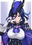  1girl absurdres ascot black_hair blue_ascot blue_hair breasts cape cleavage clorinde_(genshin_impact) corset earrings genshin_impact gloves hand_up hat highres jewelry large_breasts long_hair looking_at_viewer parted_lips purple_cape purple_eyes rizcky_ryu shirt solo tricorne upper_body white_gloves white_shirt 