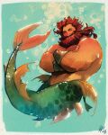  1boy air_bubble bara beard brown_hair bubble ego_rodriguez_(egothego) facial_hair fins full_beard full_body grin head_fins large_pectorals long_beard long_hair looking_at_viewer male_focus mature_male merman mermay_2024 monster_boy muscular muscular_male pectorals smile solo strongman_waist thick_arms thick_beard thick_eyebrows underwater 