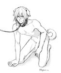  1boy animal_ears blush collar dash10 eizen_(tales) erection leash male_focus monochrome nude penis solo tail tales_of_(series) tales_of_berseria 