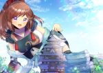  1girl :d architecture bird black_thighhighs blue_hakama blue_sky boots bow breasts brown_hair cloud commentary_request commission day east_asian_architecture feet_out_of_frame frilled_hakama giant giantess hair_bow hakama hakama_skirt hiroshima_(oshiro_project) japanese_clothes kou_hiyoyo large_breasts lens_flare looking_at_viewer oshiro_project:re outdoors ponytail purple_eyes red_bow skeb_commission skirt sky smile solo thick_eyebrows thighhighs thighhighs_under_boots white_footwear 