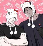  2boys balnom bara candy character_background character_print couple expressionless food hello_kitty hello_kitty_(character) highres large_pectorals lollipop looking_at_viewer male_focus multiple_boys muscular muscular_male original pectorals pink_background sanrio shirt t-shirt upper_body yaoi 
