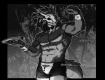  2024 abs anthro barazoku bermuds biceps biped bone boxers_(clothing) butler clothing dragon greyscale looking_at_viewer male monochrome mythological_creature mythological_scalie mythology pecs scalie skull skull_head solo standing underwear 