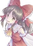  1girl ascot bow brown_eyes brown_hair commentary_request detached_sleeves frilled_bow frilled_hair_tubes frills hair_bow hair_tubes hakurei_reimu highres komiru long_hair open_mouth red_bow ribbon-trimmed_sleeves ribbon_trim smile solo touhou yellow_ascot 