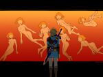  1boy 6+girls ayanami_rei blue_tunic champion&#039;s_tunic_(zelda) completely_nude faceless faceless_female highres lcl link master_sword multiple_girls neon_genesis_evangelion no_genitals nude parody pointy_ears red_theme reiquarium submerged teraichigo the_legend_of_zelda the_legend_of_zelda:_tears_of_the_kingdom triforce tunic 