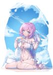  1girl :o absurdres artist_name bare_legs bare_shoulders barefoot bikini blue_sky bow bowtie breasts bridal_garter caisena cooler cup detached_sleeves elf elysia_(honkai_impact) hair_between_eyes hair_ornament highres holding holding_cup honkai_(series) honkai_impact_3rd ice large_breasts long_hair looking_at_viewer midriff navel on_ground pink_bow pink_bowtie pink_hair pink_pupils pointy_ears puffy_short_sleeves puffy_sleeves sand short_sleeves sky swimsuit very_long_hair white_bikini 