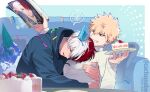  2boys bakugou_katsuki blonde_hair blue_background blue_flower blue_hoodie boku_no_hero_academia border bouquet brown_eyes cactusnabe cake character_name confetti couch flower food fruit grin hair_between_eyes highres holding holding_magazine hood hood_down hoodie hug leaf long_sleeves lying magazine_(object) male_focus motion_lines multicolored_hair multiple_boys musical_note on_couch open_mouth red_hair short_hair smile speech_bubble starry_background strawberry strawberry_shortcake sweater teeth todoroki_shouto twitter_username two-tone_hair upper_body white_border white_hair white_sweater 