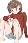  1girl arm_support bare_legs barefoot bouen brown_hair coat commentary_request denim denim_shorts green_coat hair_ribbon highres knees_up original ponytail red_sweater ribbed_sweater ribbon shorts sitting solo sweater v white_background yellow_eyes yellow_ribbon 