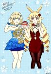  2girls animal_ears black_choker blonde_hair blue_background blue_dress blue_eyes blue_wrist_cuffs bouquet breasts brown_dust_2 brown_thighhighs cake choker cleavage closed_mouth clothing_cutout copyright_name cropped_legs curly_hair dress english_text floral_background flower food fork frilled_dress frilled_wrist_cuffs frills fruit hair_flower hair_ornament hand_in_own_hair happy_anniversary highres holding holding_bouquet holding_fork holding_plate justia_(brown_dust) large_breasts liatris_(brown_dust) light_blush lipstick long_hair looking_at_viewer makeup multiple_girls neck_flower plate rabbit_ears red_dress red_eyes short_hair small_breasts smile strawberry thighhighs very_long_hair wrist_cuffs wtrmelona 
