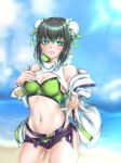  1girl absurdres bare_shoulders beach belt bikini black_hair black_shorts breasts bun_cover cleavage collarbone double_bun fate/grand_order fate_(series) green_bikini green_eyes green_ribbon grin hair_bun hair_ribbon highres jacket kachihokori_satake large_breasts long_sleeves looking_at_viewer navel open_clothes open_jacket qin_liangyu_(chainsaw_of_the_dead)_(fate) qin_liangyu_(fate) ribbon short_shorts shorts sidelocks smile solo swimsuit thighs white_jacket 