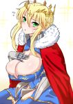  :o artoria_pendragon_(all) artoria_pendragon_(lancer) blonde_hair breasts cleavage crown fate/grand_order fate_(series) flying_sweatdrops green_eyes highres huge_breasts komusou_(jinrikisha) long_hair looking_at_viewer parted_lips solo sweatdrop 