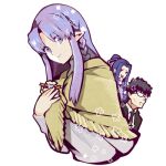  1girl 2boys bad_id bad_pixiv_id black_hair blue_eyes braid closed_mouth fate/stay_night fate_(series) fringe_trim glasses hiko_(lg612) japanese_clothes kuzuki_souichirou light_smile long_hair long_sleeves looking_at_viewer lowres medea_(fate) multiple_boys parted_bangs pointy_ears ponytail purple_hair sasaki_kojirou_(fate) short_hair side_braid simple_background sweater turtleneck turtleneck_sweater valentine white_background 