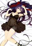  1girl absurdres armpits black_panties bow breasts cleavage date_a_live hair_bow highres long_hair lying medium_breasts nightgown on_back panties purple_hair red_bow see-through smile thighs underwear very_long_hair yatogami_tooka 