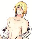  1boy aftersex blonde_hair blue_eyes blush dash10 drooling eizen_(tales) looking_at_viewer male_focus nipples saliva solo_focus sweat tales_of_(series) tales_of_berseria undressing 