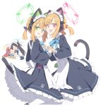  4girls absurdly_long_hair animal_ear_headphones animal_ears apron aris_(blue_archive) aris_(maid)_(blue_archive) black_dress black_hair blonde_hair blue_archive blush cat_tail closed_eyes dress fake_animal_ears fingernails flying_sweatdrops frilled_apron frilled_dress frills game_development_department_(blue_archive) green_eyes green_halo halo headphones highres long_hair long_sleeves maid maid_apron maid_headdress midori_(blue_archive) midori_(maid)_(blue_archive) momoi_(blue_archive) momoi_(maid)_(blue_archive) multiple_girls official_alternate_costume open_mouth orange_halo pantyhose pink_halo ponytail puffy_long_sleeves puffy_sleeves red_eyes red_hair satou_kibi short_hair siblings simple_background sisters smile tail twins very_long_hair white_apron white_background white_pantyhose yuzu_(blue_archive) yuzu_(maid)_(blue_archive) 