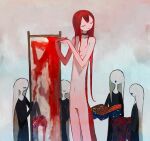  1other 4girls :o black_choker choker closed_eyes closed_mouth esloena faceless full-length_mirror holding holding_clothes long_hair long_torso mirror multiple_girls navel no_eyes nude original own_hands_together red_hair smile standing tail tall unworn_clothes 