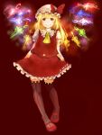  1girl 2015 ascot black_thighhighs blonde_hair bow closed_mouth collared_shirt dated flandre_scarlet frilled_shirt_collar frilled_skirt frills full_body glowing glowing_wings hat hat_bow hat_ribbon light_smile looking_at_viewer mary_janes medium_hair mensao_de_chuanchati mob_cap multicolored_wings one_side_up puffy_short_sleeves puffy_sleeves red_background red_bow red_eyes red_footwear red_ribbon red_skirt red_vest ribbon ribbon-trimmed_headwear ribbon_trim shirt shoes short_sleeves simple_background skirt skirt_set sleeve_ribbon solo striped_clothes striped_thighhighs thighhighs touhou vertical-striped_clothes vertical-striped_thighhighs vest white_hat white_shirt wings yellow_ascot 