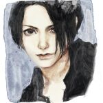  1boy black_hair black_shirt brown_eyes character_request closed_mouth collared_shirt commentary_request grey_background jiz_(pffbq) l&#039;arc~en~ciel looking_at_viewer male_focus portrait real_life realistic shirt short_hair smile solo watercolor_effect 