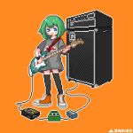  1girl ampeg amplifier artist_name bass_guitar black_thighhighs blue_eyes cable closed_mouth effects_pedal full_body green_hair grey_shirt hashtag-only_commentary highres instrument looking_at_viewer medium_hair music orange_background orange_footwear original outline oversized_clothes oversized_shirt pixel_art playing_instrument shirt shoes short_sleeves simple_background snkak_(snkakdot) solo standing t-shirt thighhighs white_outline 