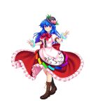  1girl alternate_color black_hat blue_hair boots bow bowtie bracelet center_frills frills full_body hat highres hinanawi_tenshi hinanawi_tenshi_(scarlet) jewelry long_hair looking_at_viewer peach_hat_ornament rainbow_order red_bow red_bowtie red_eyes red_skirt rotte_(1109) simple_background skirt solo third-party_source touhou touhou_lostword white_background 