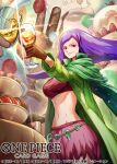  1girl brown_gloves cake charlotte_angel coat commentary_request copyright_name cup food glint gloves green_coat holding holding_cup long_hair long_sleeves looking_at_viewer official_art one_piece one_piece_card_game phima purple_eyes purple_hair skirt smile swept_bangs zeus_(one_piece) 